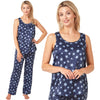 Navy star print mat satin pjs set consisting of a vest style top with matching full length trousers with an elasticated waist band in UK sizes 14, 16, 18