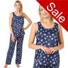 Navy star print mat satin pjs set consisting of a vest style top with matching full length trousers with an elasticated waist band in UK sizes 14, 16, 18