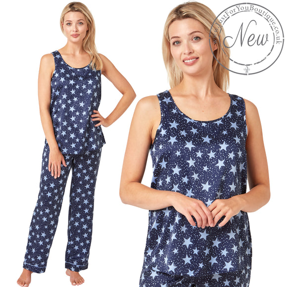 Navy star print mat satin pjs set consisting of a vest style top with matching full length trousers with an elasticated waist band in UK sizes 14, 16, 18