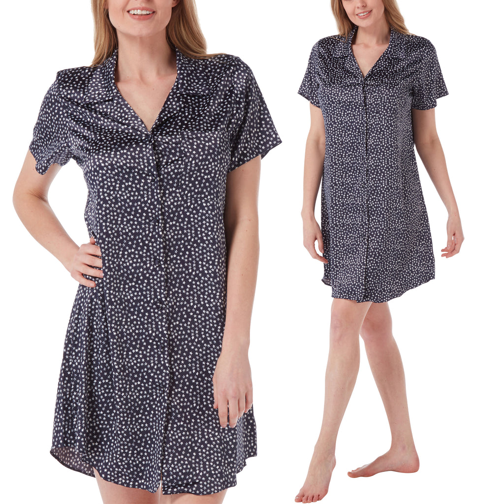 ladies navy blue background with white stars print in mat satin nightshirt with a button front, collar, top pocket, short sleeve and shirt style hem in UK size 10, 12, 14, 16, 