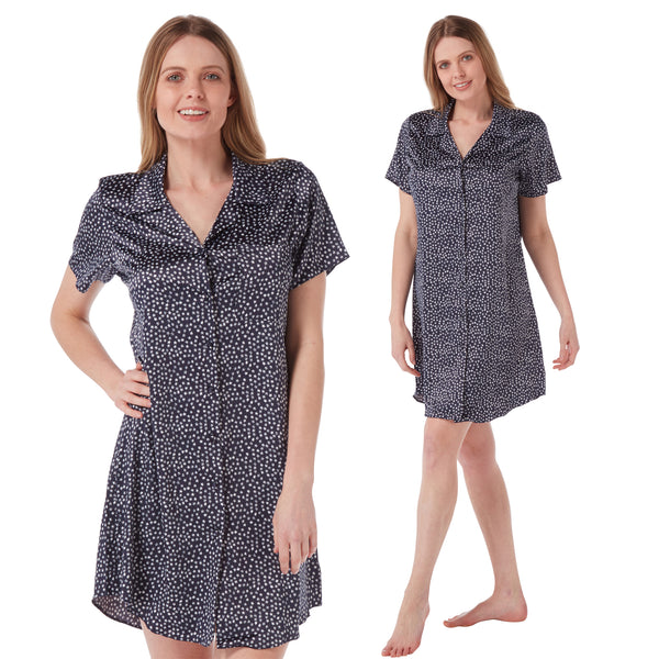 ladies navy blue background with white stars print in mat satin nightshirt with a button front, collar, top pocket, short sleeve and shirt style hem in UK size 10, 12, 14, 16, 18,