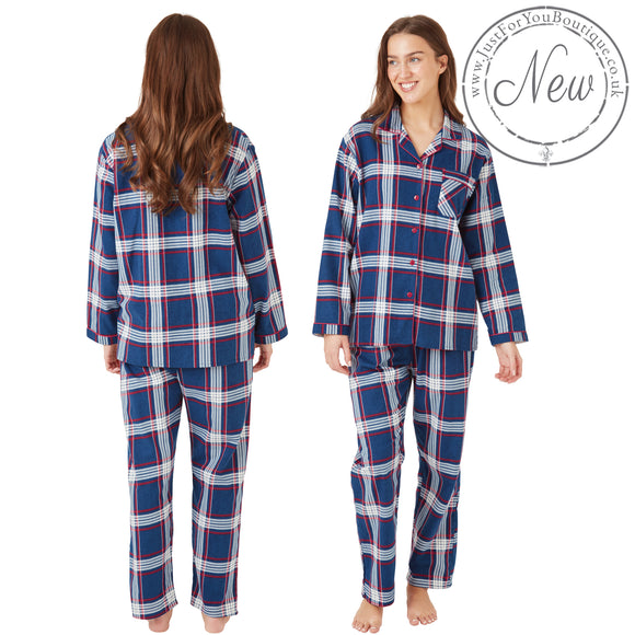 Buy ladies navy check tartan plaid 100% brushed cotton winceyette flannelette pyjama pjs set in UK sizes 12-14, 16-18, 20-22. Same day dispatch, fast UK delivery!