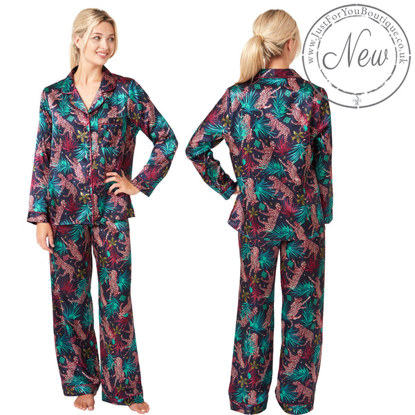 tribal tropical palm floral animal print style with a navy background in a shiny silky satin PJs Pyajamas set which are full length in UK sizes 18, 20,