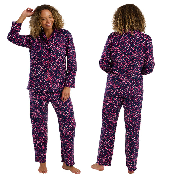 Buy ladies navy and hot pink leopard animal print 100% brushed cotton pyjama pjs set winceyette flannelette in UK sizes 12-14. Same day dispatch, fast UK delivery!