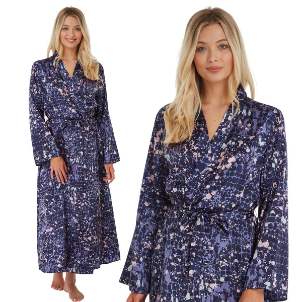ladies navy blue and pink animal print silky shiny satin full length dressing gown, bathrobe, wrap, kimono with full length sleeves in UK sizes 10, 12, 14, 16, 18, 20
