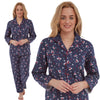 ladies navy background with a red robin print brushed cotton winter pyjamas pjs set with a shirt style which has a button front, collar and long sleeves and full length trousers in UK sizes 10, 12,