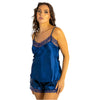 plain navy silky shiny satin with lace trim pyjamas set cami top with adjustable straps and French knickers shorts in UK plus sizes 8, 12, 14, 16, 18, 20, 22, 24, 26, 28, 30, 32