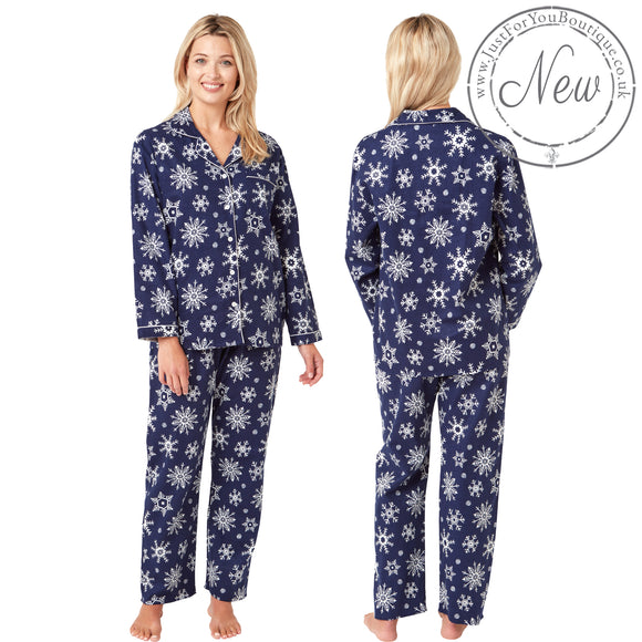 Buy ladies navy snowflake print 100% brushed cotton winceyette flannelette pyjama pjs set in UK sizes 12-14, 16-18, 20-22. Same day dispatch, fast UK delivery!