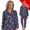 ladies navy background with a red, grey and white star print brushed cotton winter pyjamas pjs set with a shirt style which has a button front, collar and long sleeves and full length trousers in UK sizes 10, 12, 18, 20