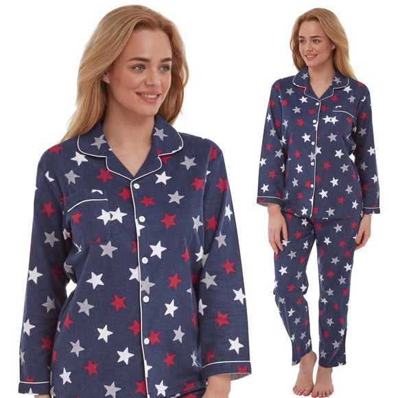 ladies navy background with a red, grey and white star print brushed cotton winter pyjamas pjs set with a shirt style which has a button front, collar and long sleeves and full length trousers in UK sizes 10, 12, 14, 16, 18, 20