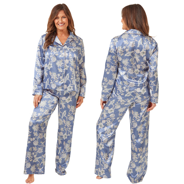 Light blue floral shiny satin pjs set consisting of a shirt style top with a collar, top pocket and button up front with matching full length trousers with an elasticated waist band in UK plus size 10, 12, 14, 16, 18, 20, 22, 24, 26, 28