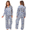 Light blue floral shiny satin pjs set consisting of a shirt style top with a collar, top pocket and button up front with matching full length trousers with an elasticated waist band in UK plus size 10, 12, 14, 16, 18, 20, 22, 24, 26, 28