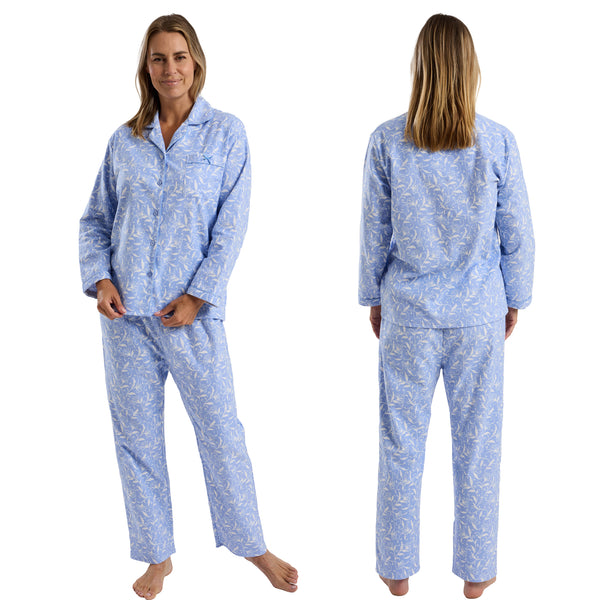 Buy ladies pastel blue honeysuckel floral print 100% brushed cotton winceyette flannelette pyjama pjs set in UK sizes 12-14, 16-18, 20-22, 24-26. Same day dispatch, fast UK delivery!