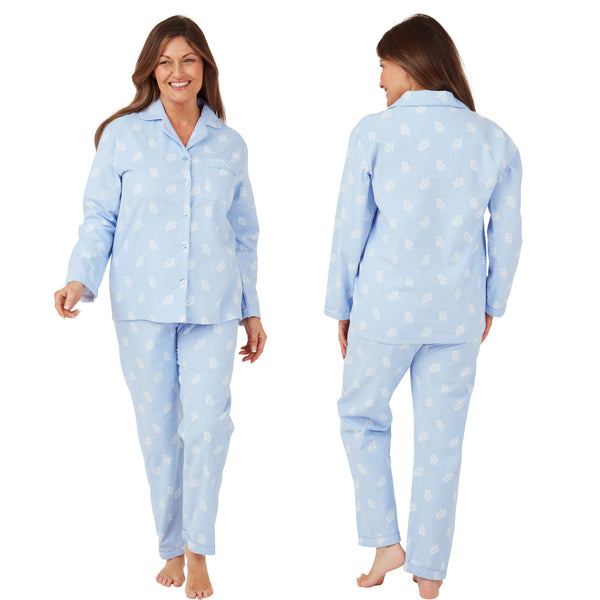 Buy ladies pastel blue leaf print 100% brushed cotton winceyette flannelette pyjama pjs set in UK sizes 12-14, 16-18, 20-22. Same day dispatch, fast UK delivery!