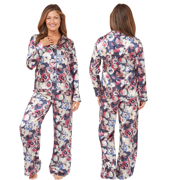 Abstract blue floral shiny satin pjs set consisting of a shirt style top with a collar, top pocket and button up front with matching full length trousers with an elasticated waist band in UK plus size 22, 24, 26, 28