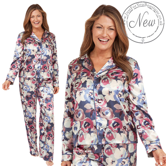 Abstract floral shiny satin pjs set consisting of a shirt style top with a collar, top pocket and button up front with matching full length trousers with an elasticated waist band in UK plus size 14, 16, 18, 20, 22, 24, 26, 28