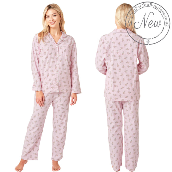 Buy ladies pink cheetah animal print 100% brushed cotton pyjama set winceyette flannelette in UK sizes 12-14, 16-18, 20-22. Same day dispatch, fast UK delivery!