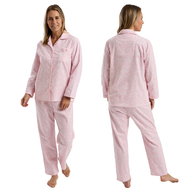 Buy ladies pastel pink honeysuckel floral print 100% brushed cotton winceyette flannelette pyjama pjs set in UK sizes 12-14, 16-18, 20-22, 24-26. Same day dispatch, fast UK delivery!