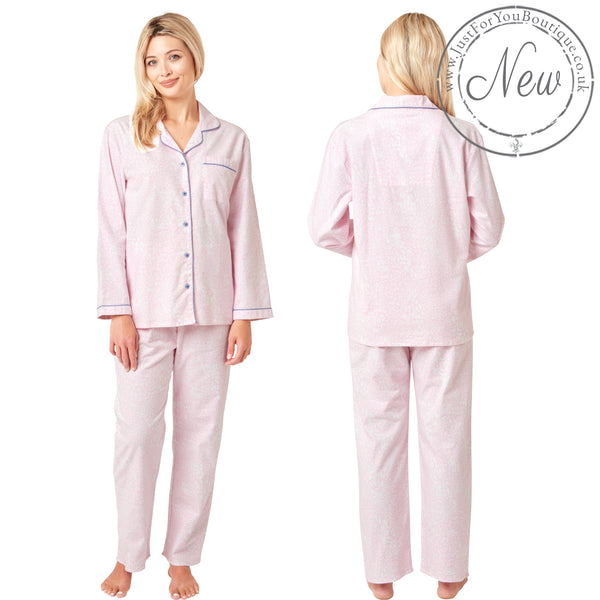 Buy ladies baby pink leopard print 100% brushed cotton pyjama set winceyette flannelette in UK sizes 12-14, 16-18, 20-22. Same day dispatch, fast UK delivery!