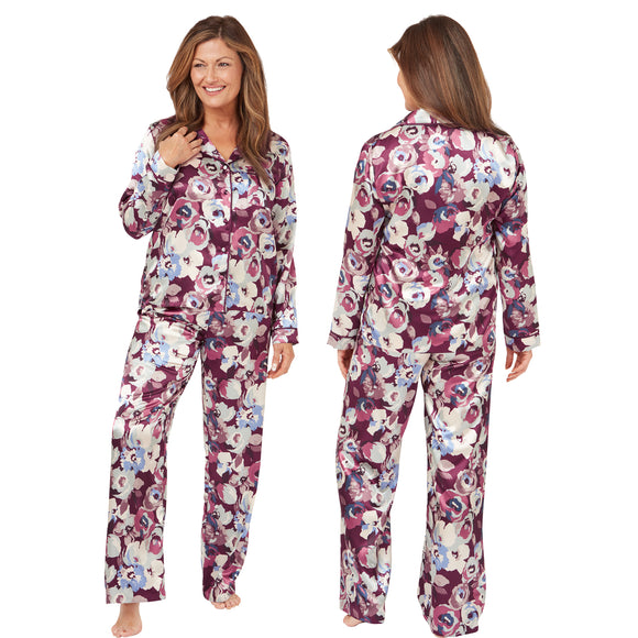 Abstract purple floral shiny satin pjs set consisting of a shirt style top with a collar, top pocket and button up front with matching full length trousers with an elasticated waist band in UK plus size 18, 20, 22, 24, 26, 28