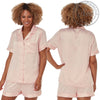 Pink and white candy stripe matt satin pjs set and they consist of a shirt style top with a collar, top pocket and button up front and short sleeves with matching shorts with an elasticated waist band. In UK size 14, 16, 18, 20