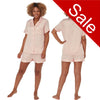 Pink and white candy stripe matt satin pjs set and they consist of a shirt style top with a collar, top pocket and button up front and short sleeves with matching shorts with an elasticated waist band. In UK size 14, 16, 18, 20