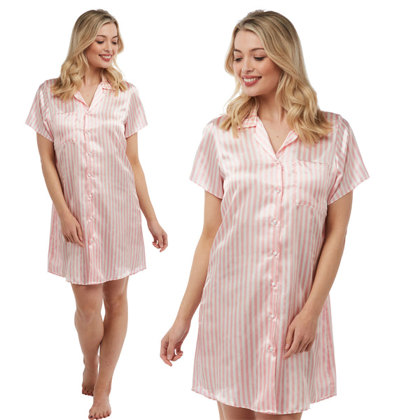 ladies pink and white candy stripe silky shiny satin nightshirt with a button front, collar, top pocket, short sleeve and shirt style hem in UK sizes 12, 14, 16, 18, 20