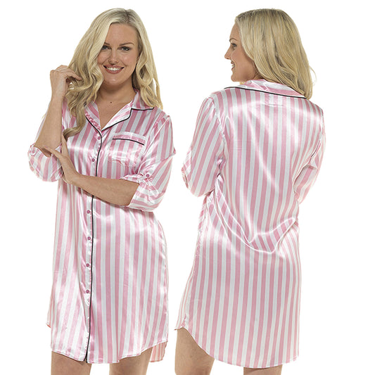 ladies pink and white candy stripe silky shiny satin nightshirt with a button front, collar, top pocket and shirt style hem with longer sleeves in UK sizes 8, 10, 12, 14, 16, 18