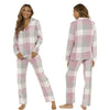 ladies pink, grey and ivory check tartan brushed cotton winter pyjamas pjs set with a shirt style which has a button front, collar and long sleeves and full length trousers in UK sizes 8, 10, 12, 14, 16, 18, 20, 22