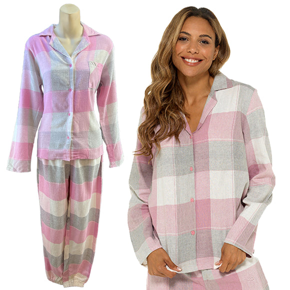 ladies pink, ivory and grey check tartan brushed cotton winter pyjamas pjs set with a shirt style which has a button front, collar and long sleeves and full length trousers which has cuffed elasticated hems in UK sizes 8, 10,