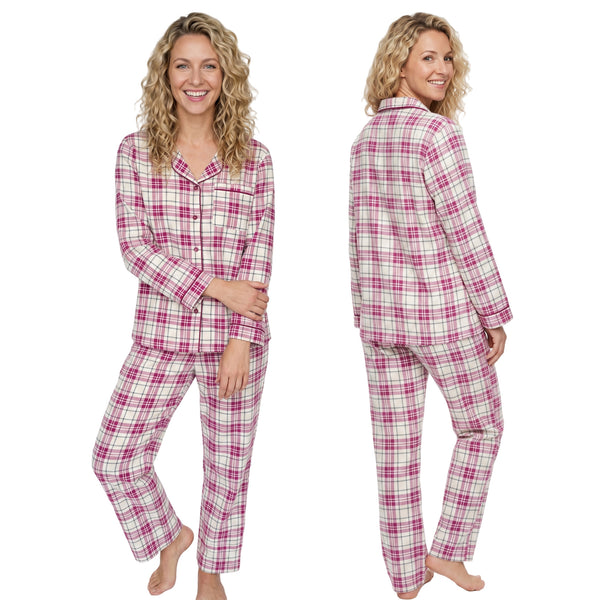Buy ladies pink, red check tartan plaid 100% brushed cotton winceyette flannelette pyjama pjs set in UK sizes 12-14, 16-18, 20-22. Same day dispatch, fast UK delivery!