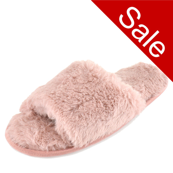 ladies pink faux fur fluffy open toe mule slippers with a toe post in UK sizes 3, 4, 5, 6, 7, 8
