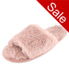 ladies pink faux fur fluffy open toe mule slippers with a toe post in UK sizes 3, 4, 5, 6, 7, 8
