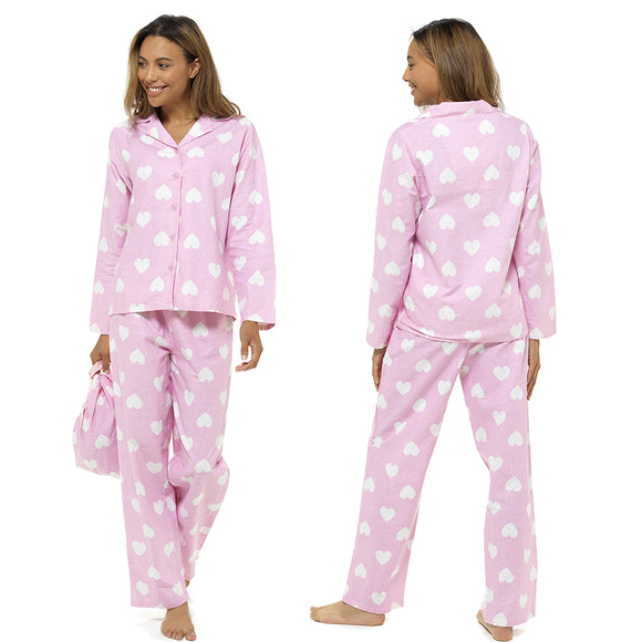 ladies pink heart print brushed cotton winter pyjamas pjs set with a shirt style which has a button front, collar and long sleeves and full length trousers in UK sizes 8, 10, 12, 14, 16, 18, 20, 22