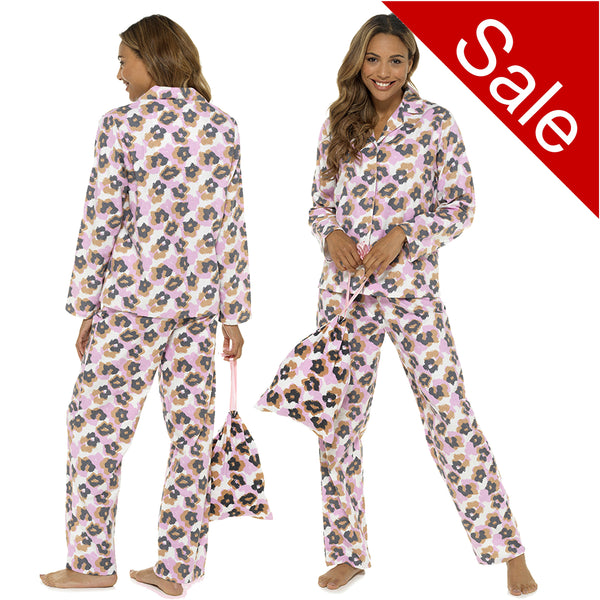 ladies pink leopard animal print brushed cotton winter pyjamas pjs set with a shirt style which has a button front, collar and long sleeves and full length trousers in UK sizes 8, 10, 12, 14, 16, 18, 20, 22
