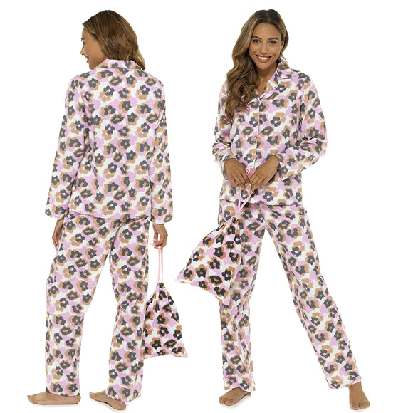 ladies pink leopard animal print brushed cotton winter pyjamas pjs set with a shirt style which has a button front, collar and long sleeves and full length trousers in UK sizes 8, 10, 12, 14, 16, 18, 20, 22
