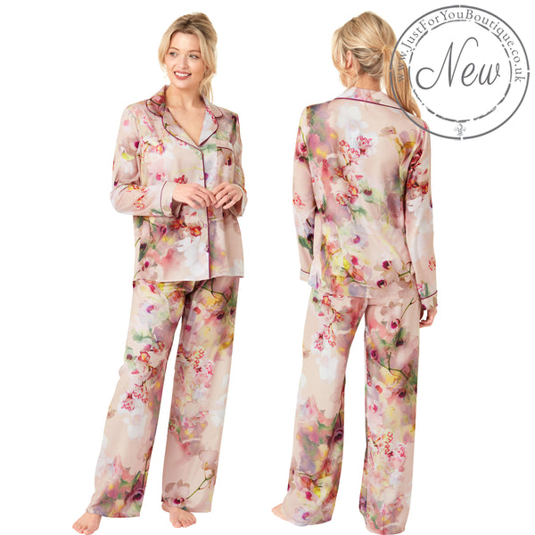 Pink Orchid floral print mat satin pjs set consisting of a shirt style top with a collar, top pocket and button up front with matching full length trousers with an elasticated waist band in UK plus size 18, 20, 22, 24, 26, 28