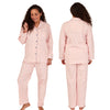 ladies pastel pink penguin print brushed cotton winter pyjamas pjs set with a shirt style which has a button front, collar and long sleeves and full length trousers in UK sizes 10, 12, 14, 16, 18, 20