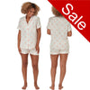 White with large pink spot print satin pjs set and they consist of a shirt style top with a collar, top pocket and button up front and short sleeves with matching shorts with an elasticated waist band. In UK size 10, 12, 14, 16, 18, 20