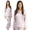 pink background with a darker pink poppy floral print silky shiny satin pjs set consisting of a shirt style top with full length sleeves, a collar, top pocket and a button up front with matching full length trousers in UK sizes 12, 14