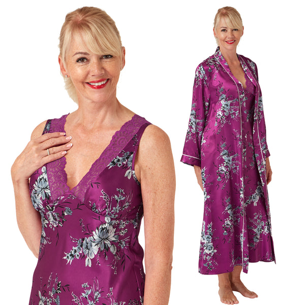 fuchsia pink floral silky shiny satin and lace matching wide strap nightdress and dressing gown robe set which is full length in UK plus sizes 14, 16, 18, 20, 22, 24, 26, 28