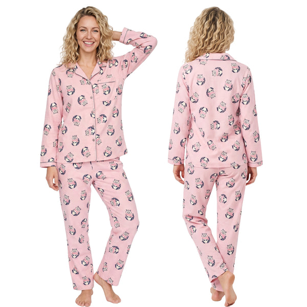 Buy ladies pink racoon print 100% brushed cotton winceyette flannelette pyjama pjs set in UK sizes 12-14, 16-18, 20-22. Same day dispatch, fast UK delivery!
