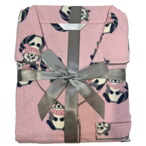 Buy ladies pink racoon print 100% brushed cotton winceyette flannelette pyjama pjs set in UK sizes 12-14, 16-18, 20-22. Same day dispatch, fast UK delivery!