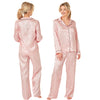 Pink jacquard star print shiny satin pjs set consisting of a shirt style top with a collar, top pocket and button up front with matching full length trousers with an elasticated waist band in UK plus size 14, 16, 18, 20, 22, 24, 26, 28