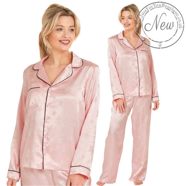 Pink jacquard star print shiny satin pjs set consisting of a shirt style top with a collar, top pocket and button up front with matching full length trousers with an elasticated waist band in UK plus size 14, 16, 18, 20, 22, 24, 26, 28