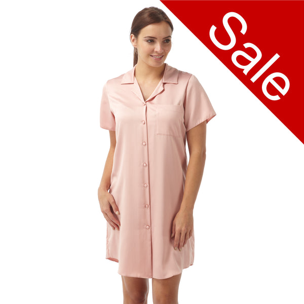 ladies plain dusty pink mat satin nightshirt with a button front, collar, top pocket, short sleeve and shirt style hem in UK size 14, 16, 18, 
