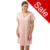 ladies plain dusty pink mat satin nightshirt with a button front, collar, top pocket, short sleeve and shirt style hem in UK size 14, 16, 18, 