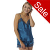 plain teal blue silky shiny satin with lace trim pyjamas set cami top with adjustable straps and French knickers shorts in UK size 8, 