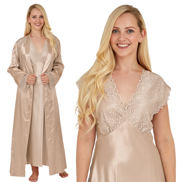 plain gold silky shiny satin and lace matching wide strap nightdress and dressing gown robe set which is full length in UK plus sizes 18, 20, 26, 28