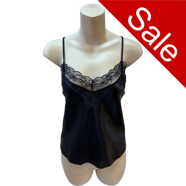 plain black silky shiny satin and lace cami camisole top with adjustable straps in UK size 8, 